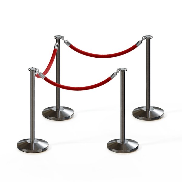 Montour Line Stanchion Post and Rope Kit Sat.Steel, 4 Flat Top 3 Red Rope C-Kit-4-SS-FL-3-ER-RD-PS